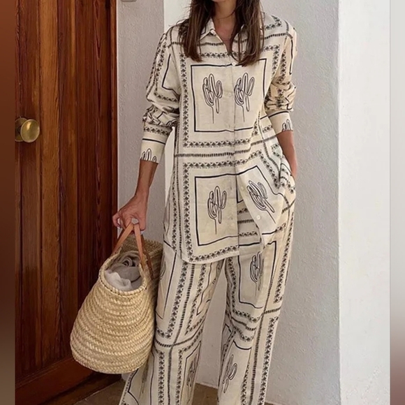 Shirts Two Piece Set Women Long Sleeve Lapel Shirts High Waist Wide Leg Pants - Picture 2 of 4